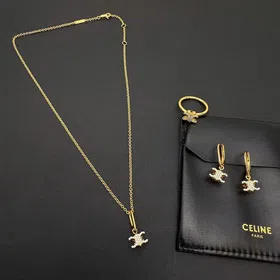 Celine Gold Arc de Triomphe Full Diamond Logo Necklace Earrings-3736  