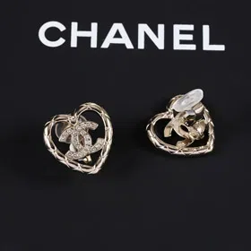 Chanel gold diamond heart hollow double c rhinestone ear clip-3754  
