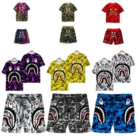 Bape shark zipper letter full print camouflage pattern short-sleeved T-shirt shorts set-2818  